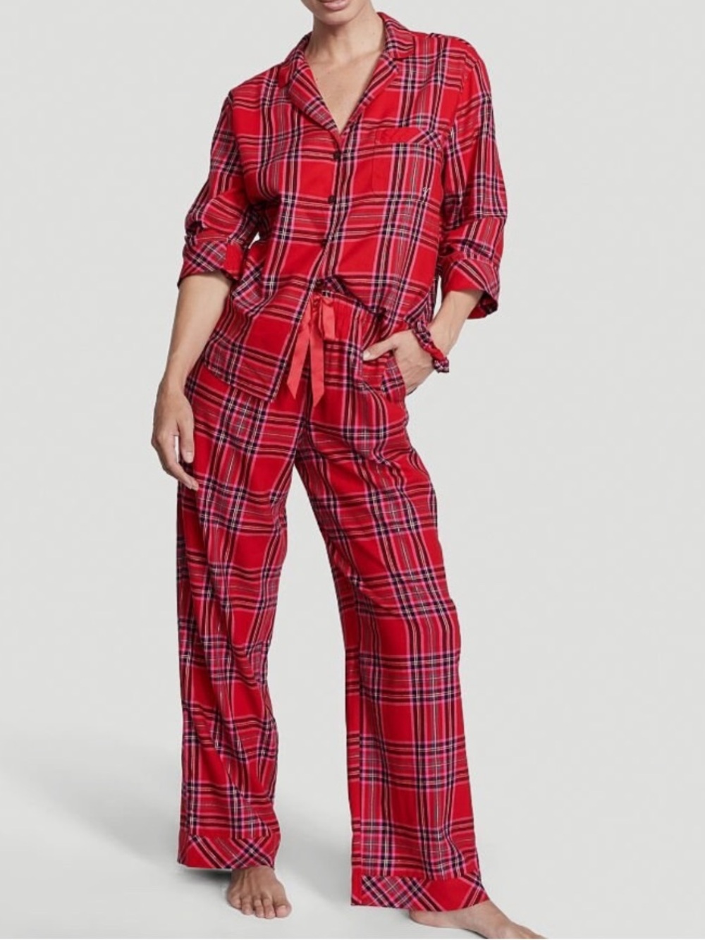 Victoria Secrets Pajama Set Flannel Red Plaid Large Comfy Pockets Cozy Sleepwear